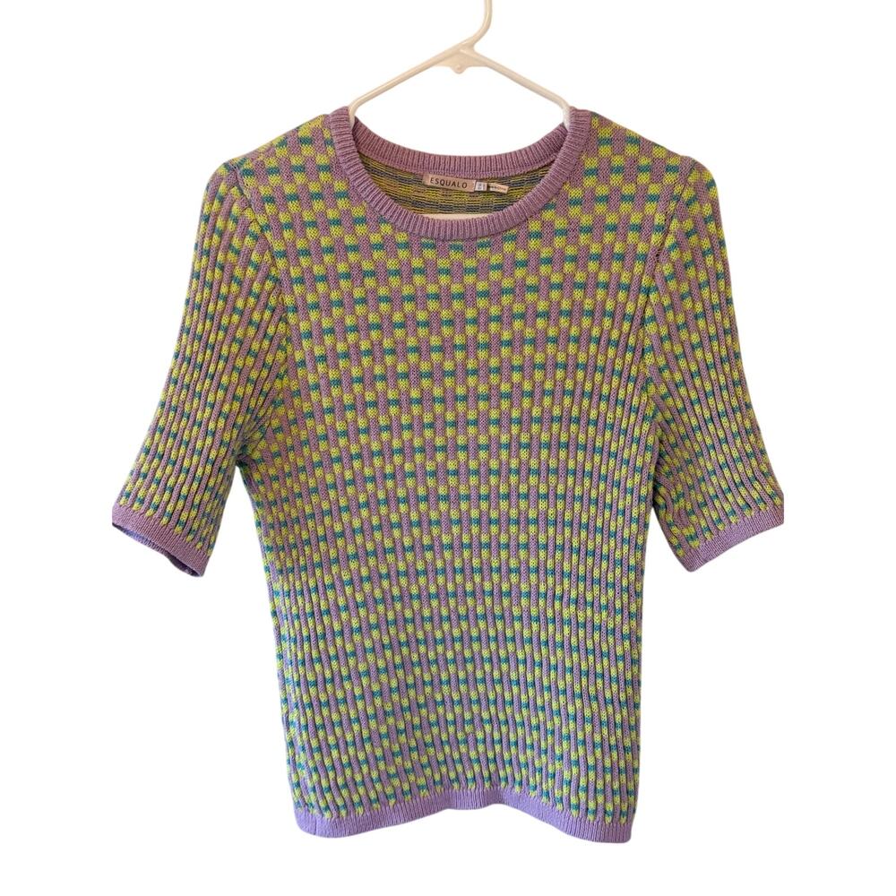 Women's Esqualo Purple Blue Green Knit Short Sleeve Sweater Top Sz Large